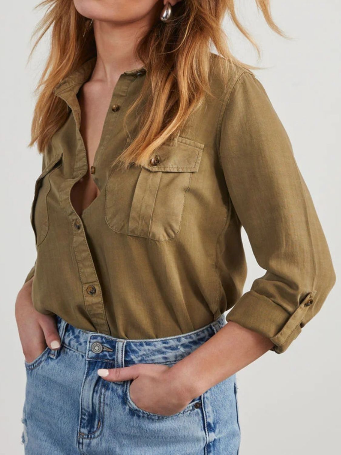 Collared Neck Roll-Tab Sleeve Denim Top Olive Brown