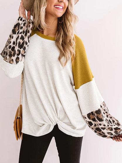 Twisted Color Block Round Neck Long Sleeve T-Shirt Mustard