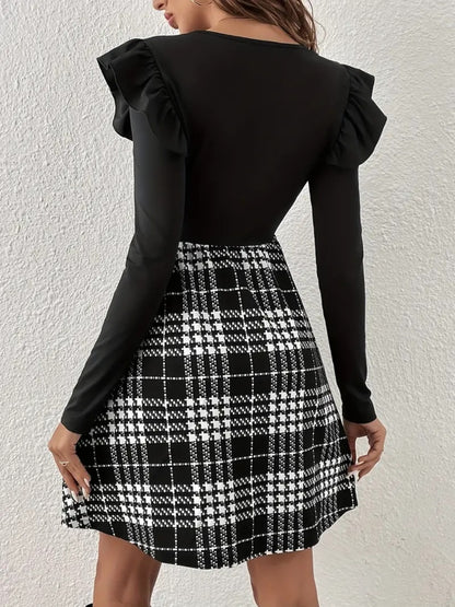 Ruffled Plaid Round Neck Long Sleeve Dress Black