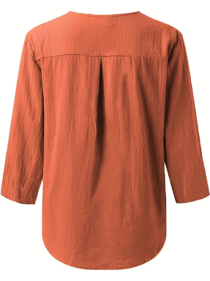 Notched Three-Quarter Sleeve Blouse Terracotta