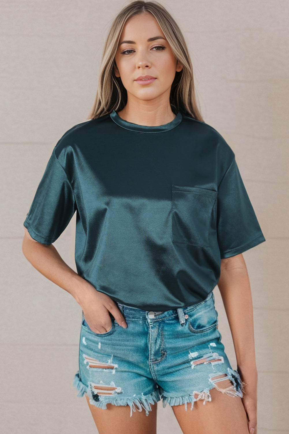 Double Take Round Neck Dropped Shoulder Top Black Forest