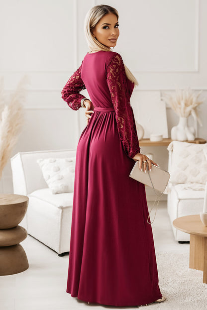 Lace Detail Surplice Tie-Waist Maxi Dress Wine