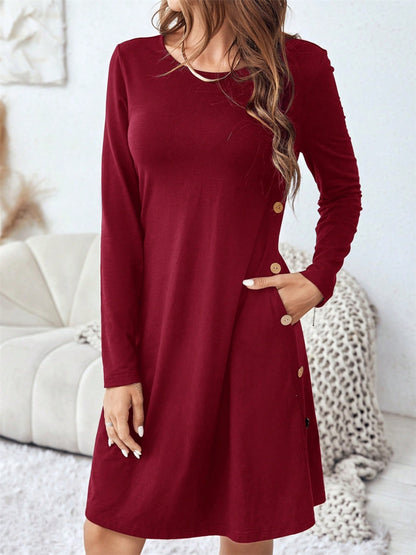 Round Neck Long Sleeve Mini Dress with Pockets Burgundy