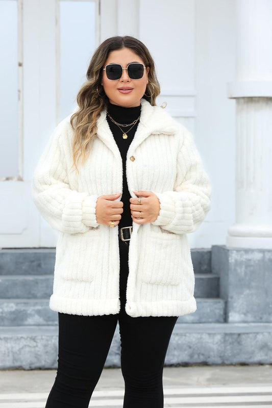 Plus Size Fuzzy Collared Neck Long Sleeve Jacket White