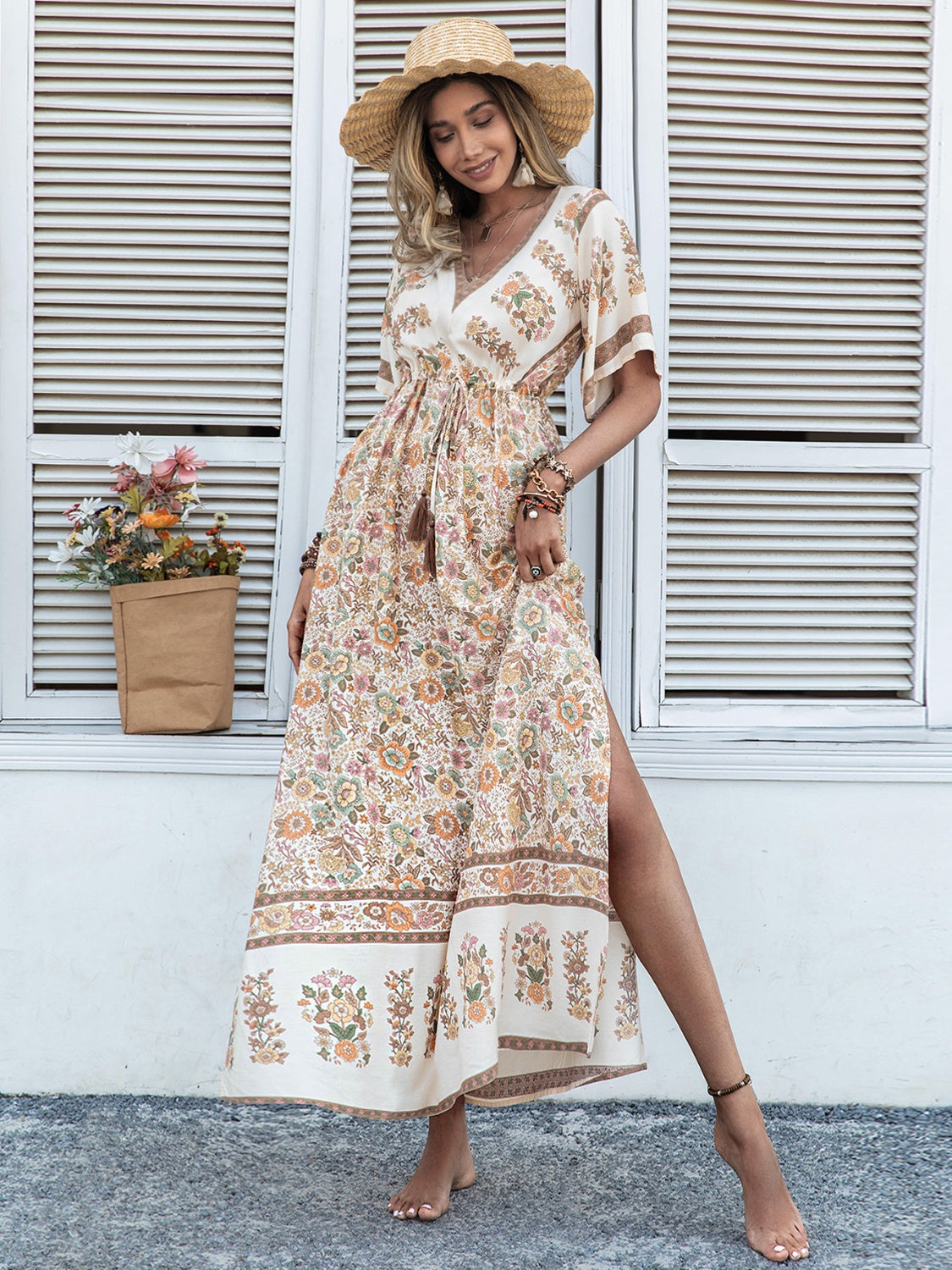 Drawstring Printed Plunge Half Sleeve Dress Khaki