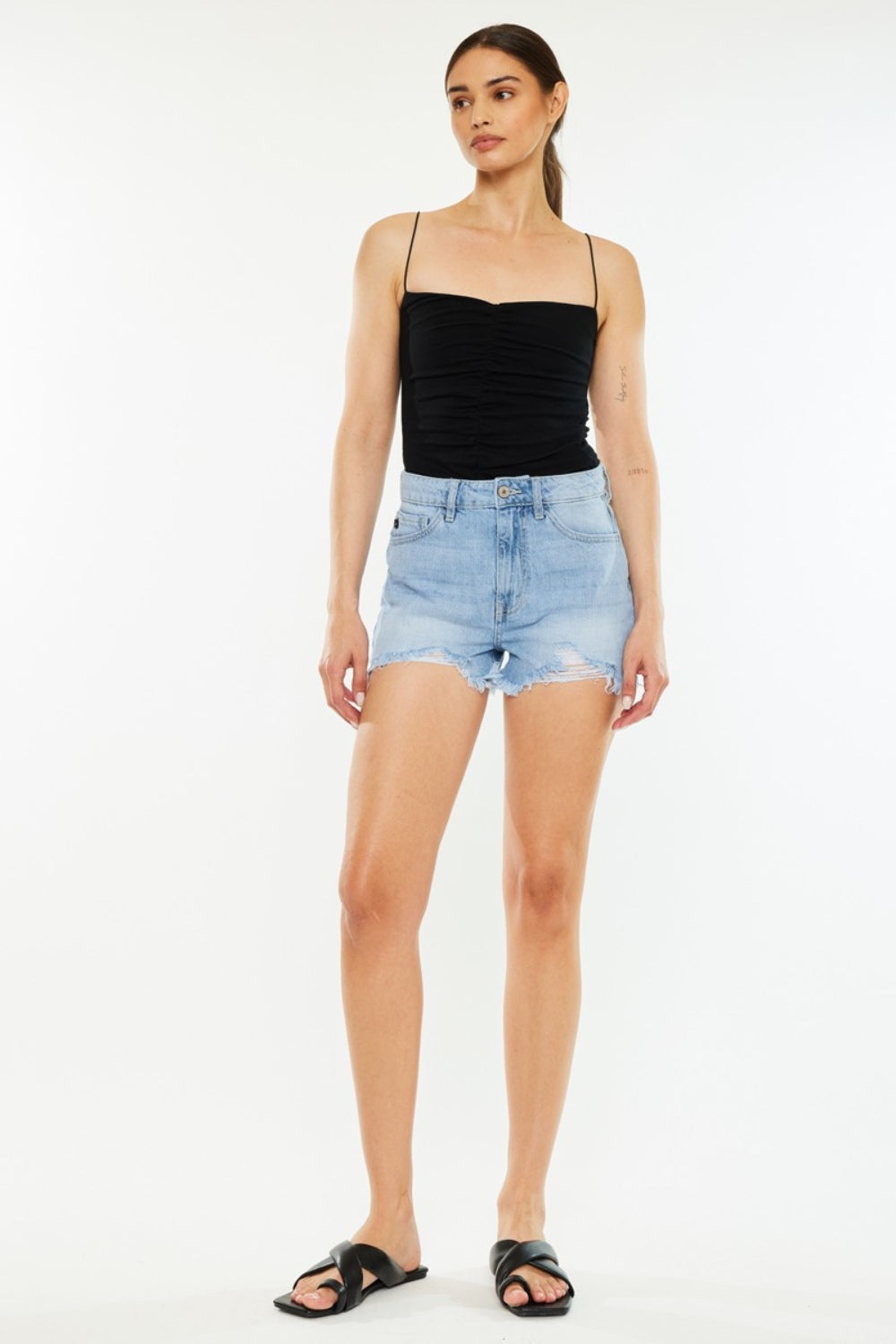 Kancan Raw Hem Distressed High Waist Denim Shorts Light