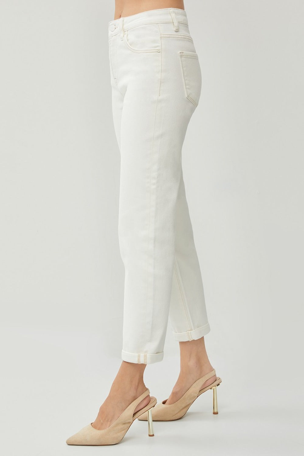 RISEN Full Size High Waist Rolled Hem Straight Jeans Cream