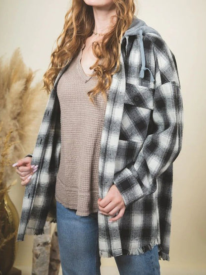 Raw Hem Plaid Long Sleeve Hooded Jacket Dark Gray