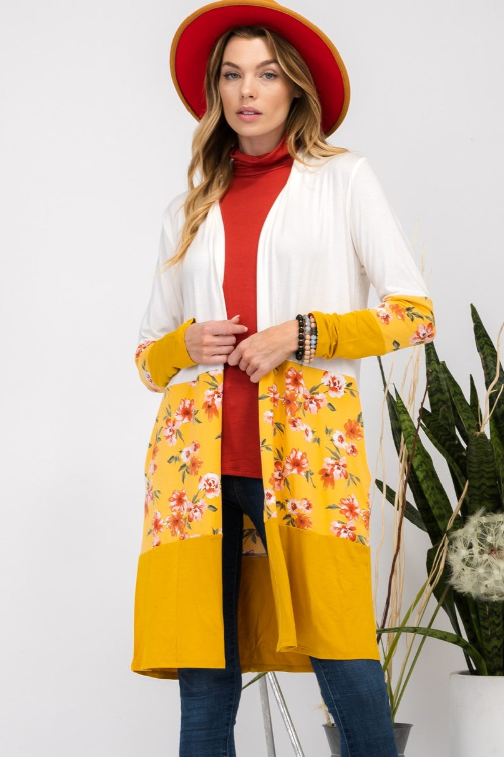 Celeste Full Size Floral Color Block Open Front Cardigan Ivory Mustard