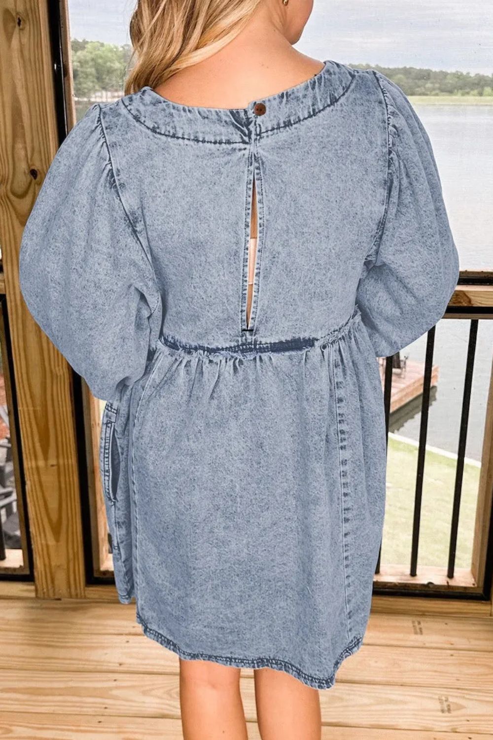 Round Neck Long Sleeve Denim Dress Gray