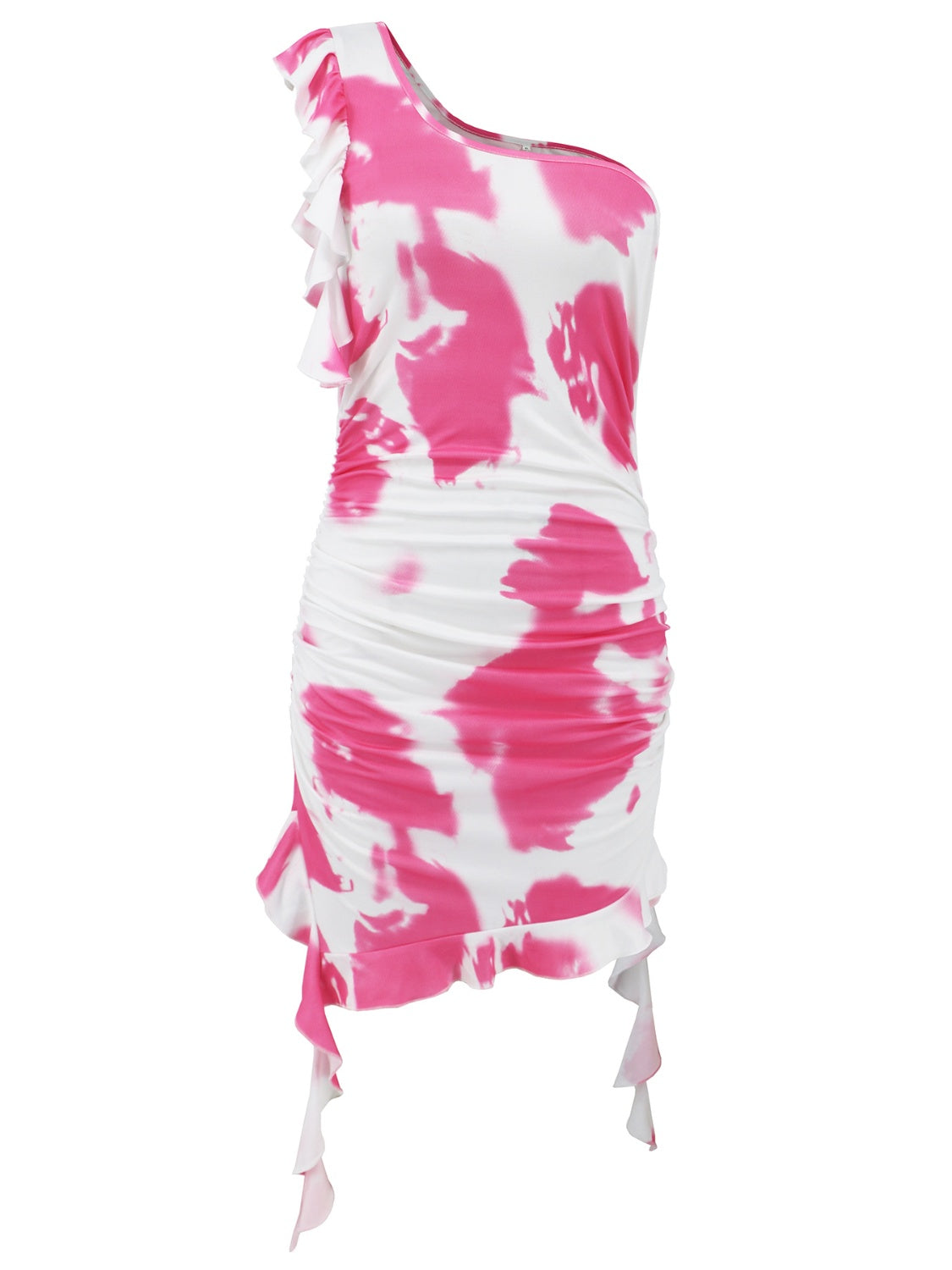 Ruffled Tie-Dye Single Shoulder Mini Dress Pink