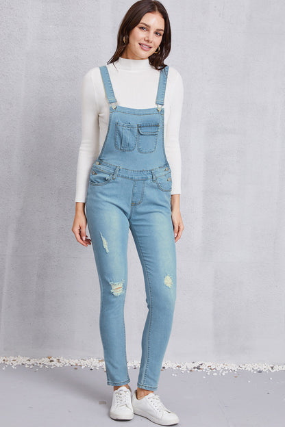 Distressed Washed Denim Overalls with Pockets Light