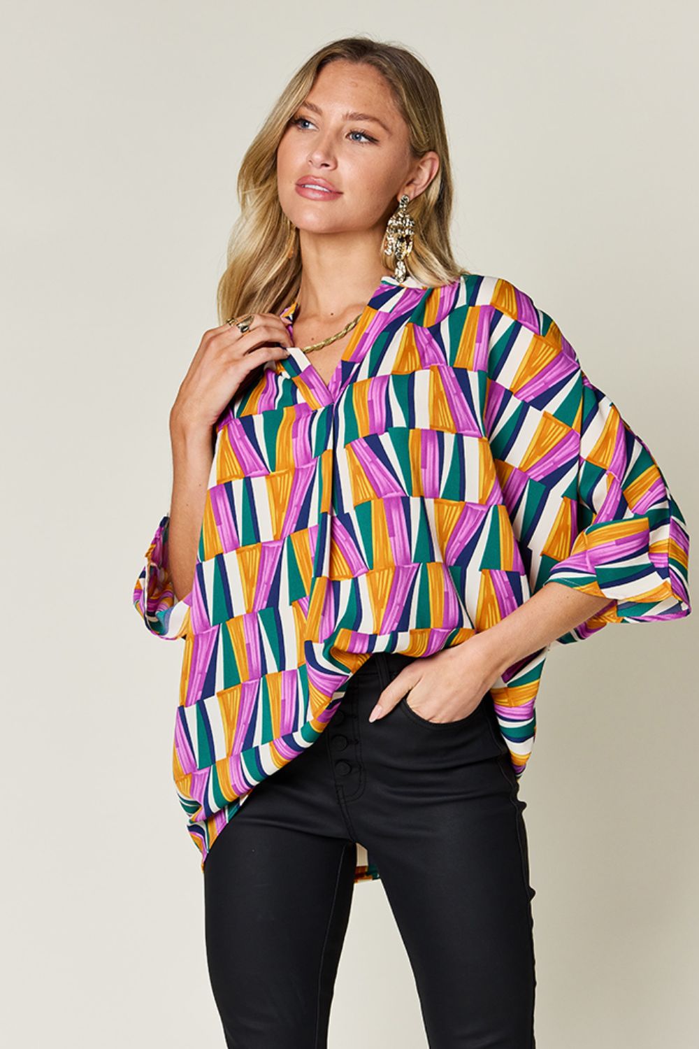 Double Take Full Size Geometric Notched Dolman Sleeve Top Purple