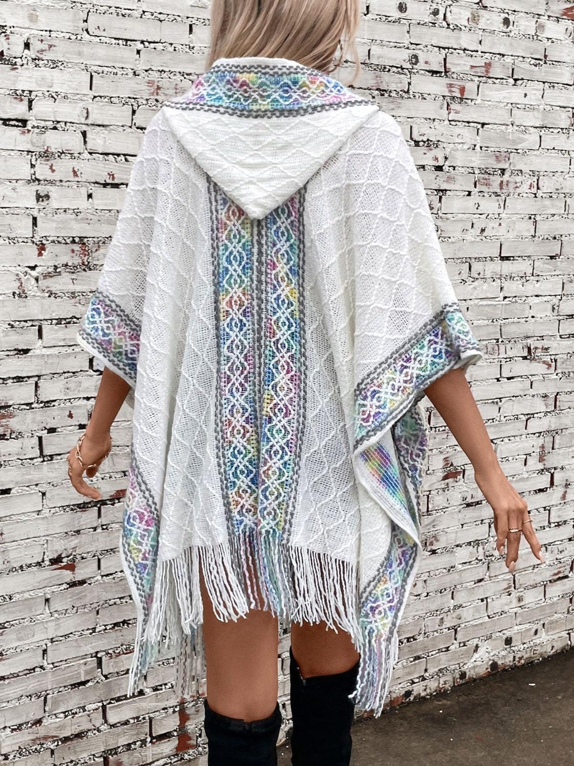 Fringe Half Sleeve Hooded Poncho White One Size