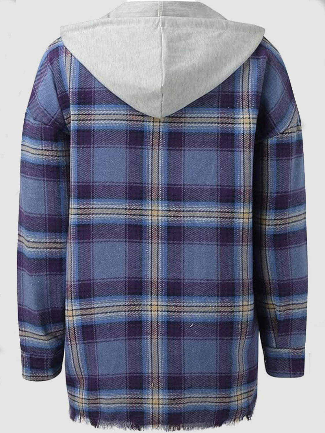 Raw Hem Plaid Long Sleeve Hooded Jacket Dusty Blue