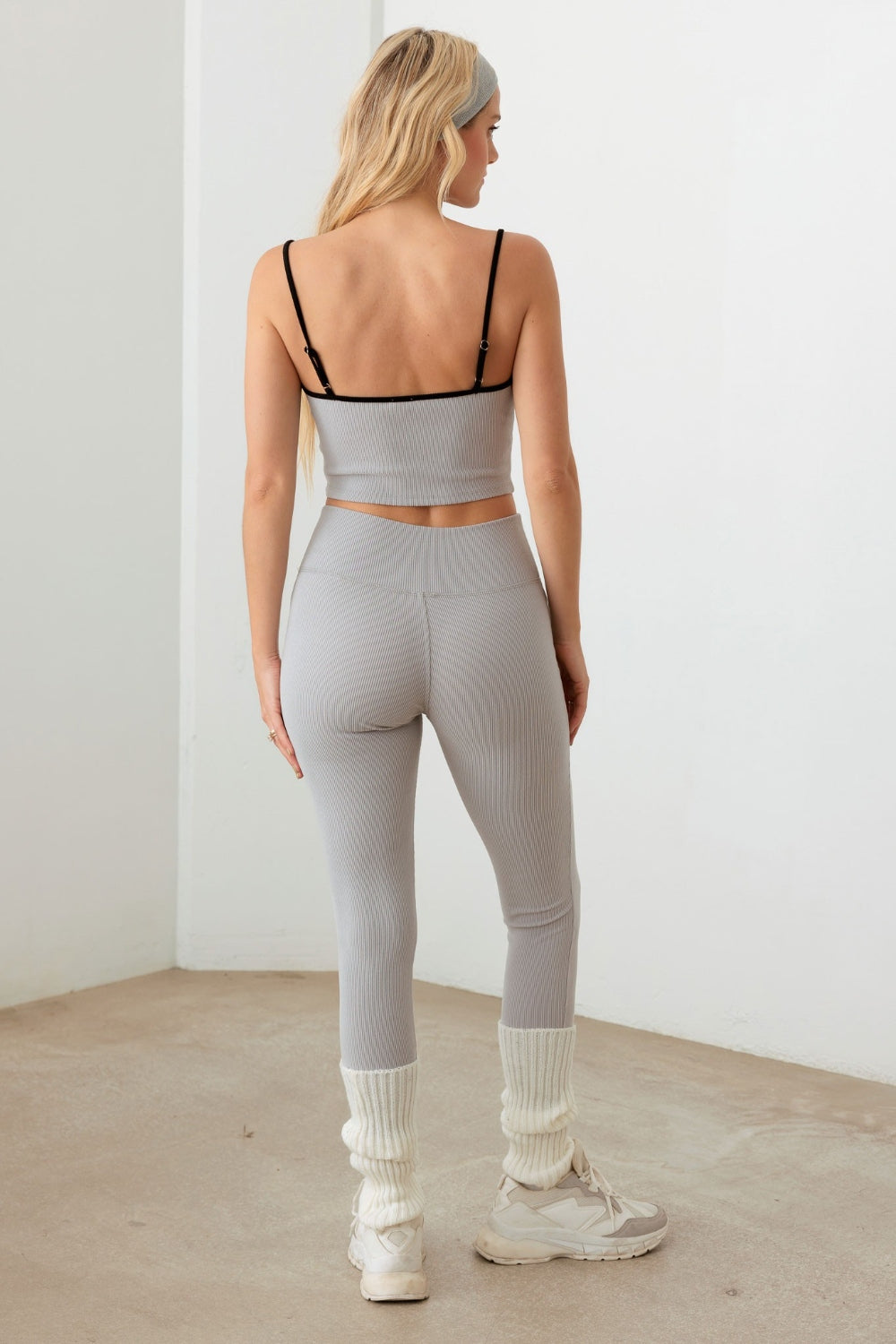 Le Lis Ribbed Crop Cami and High Waist Brushed Leggings Set Grey Black