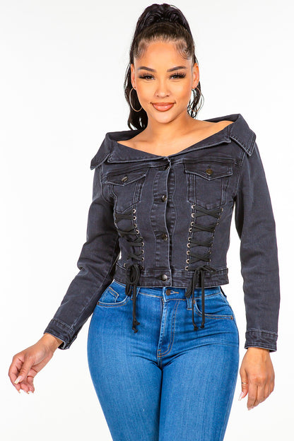 American Bazi Off Shoulder Lace Up Denim Jacket Black