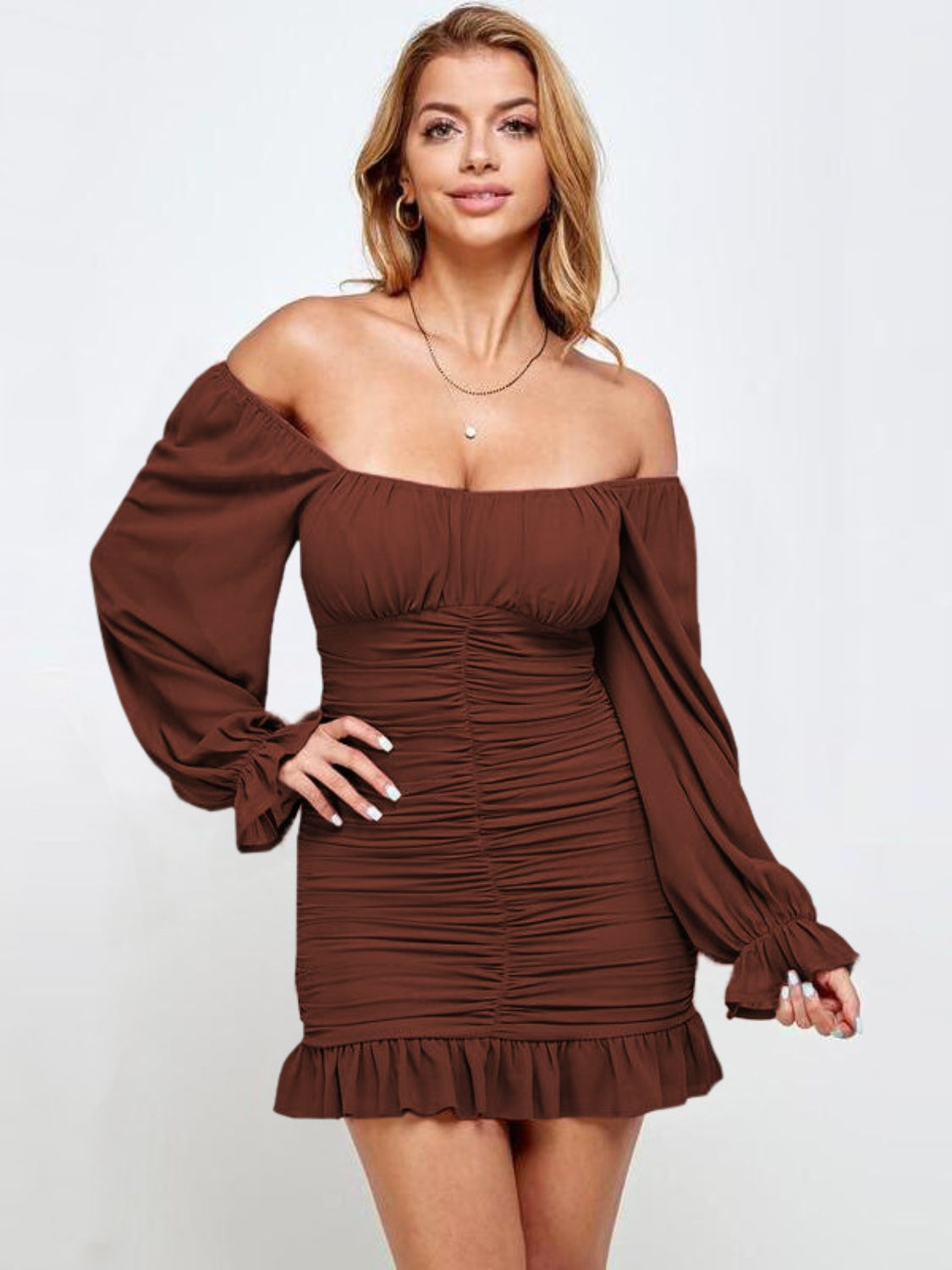 Ruffled Ruched Flounce Sleeve Mini Dress Brown