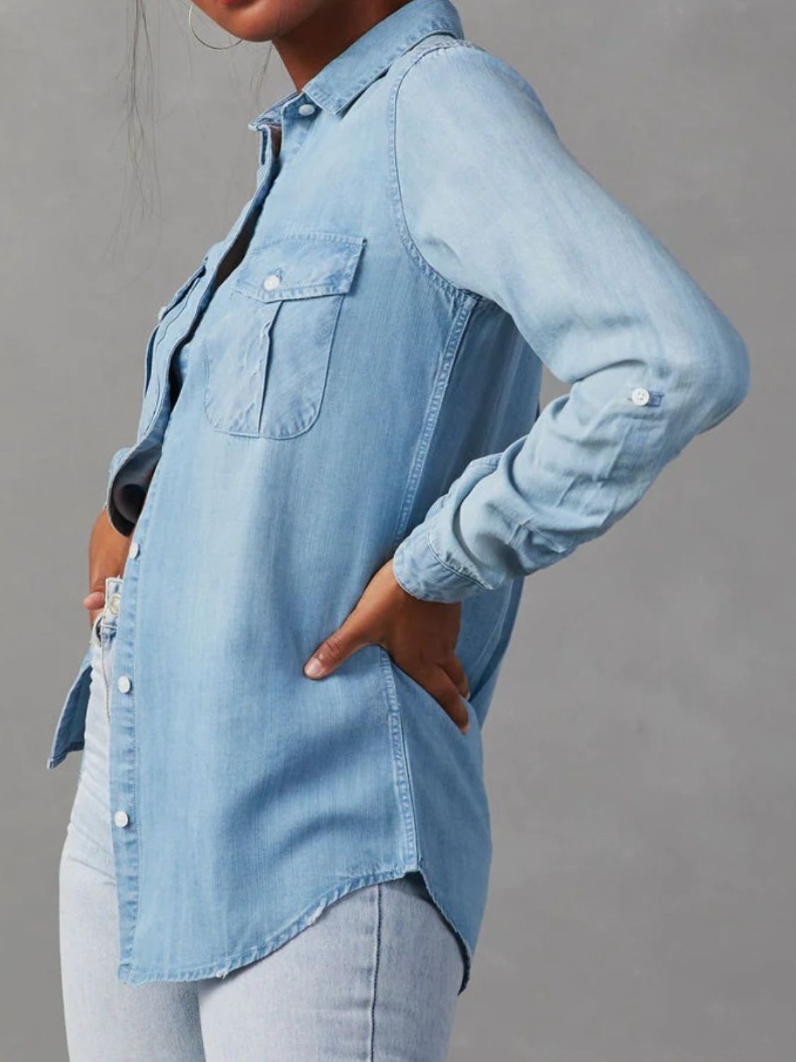 Collared Neck Roll-Tab Sleeve Denim Top Light Blue