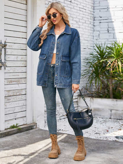 Button Up Long Sleeve Denim Jacket Dusty Blue