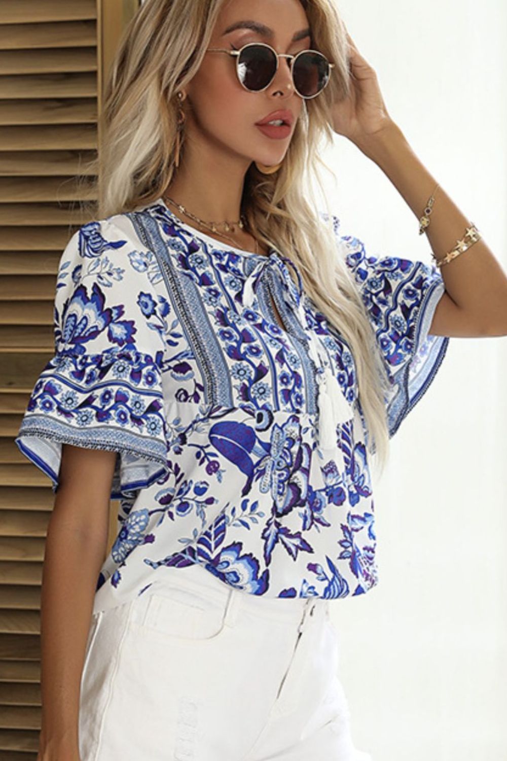 Perfee Printed Buttoned Flounce Sleeve Blouse Royal Blue