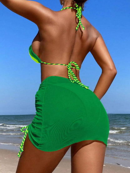 Contrast Tied Three-Piece Swim Set Dark Green