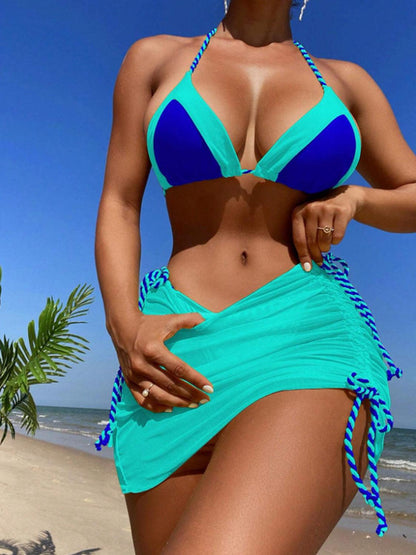 Contrast Tied Three-Piece Swim Set Aqua