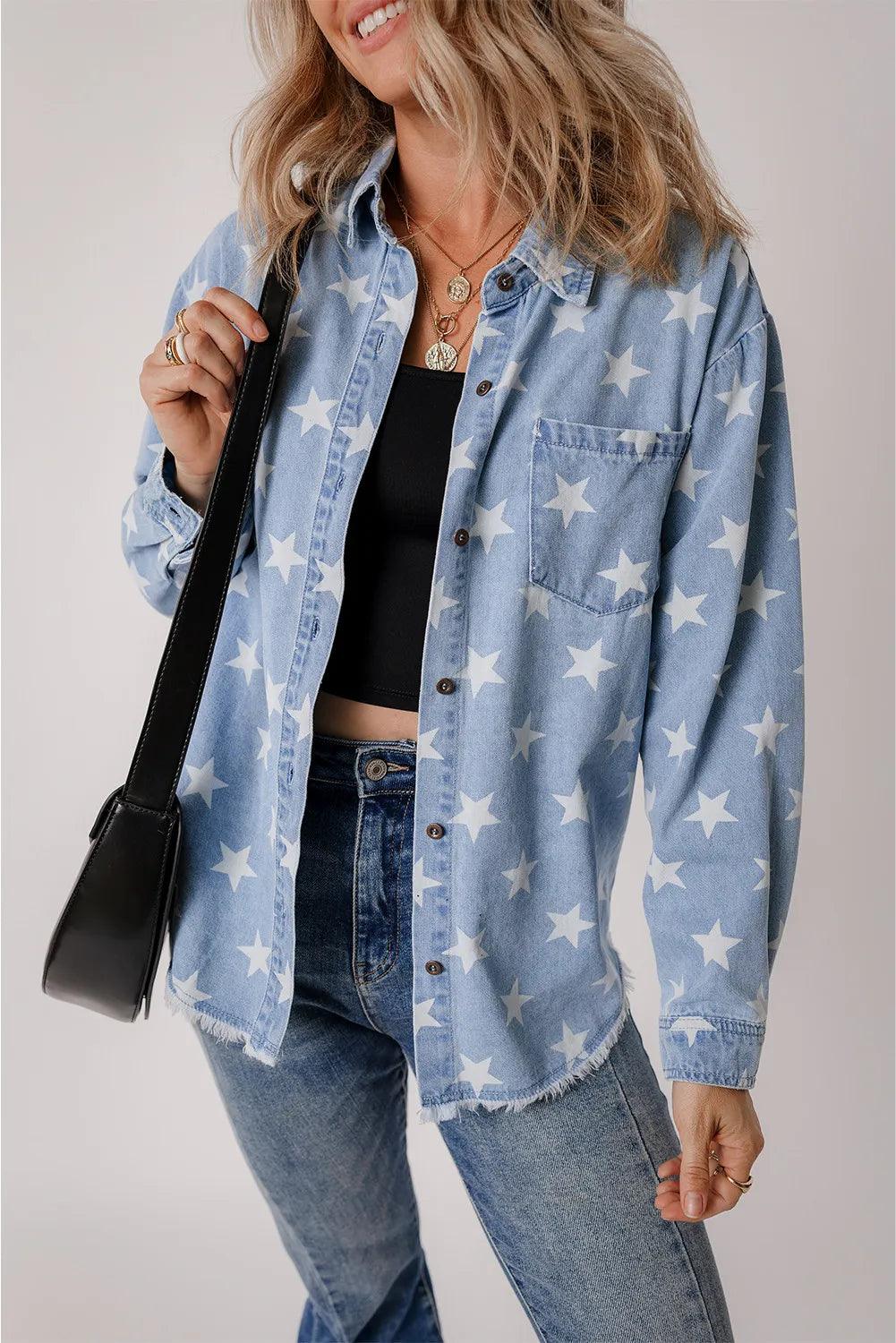 Star Button Up Long Sleeve Denim Jacket Light