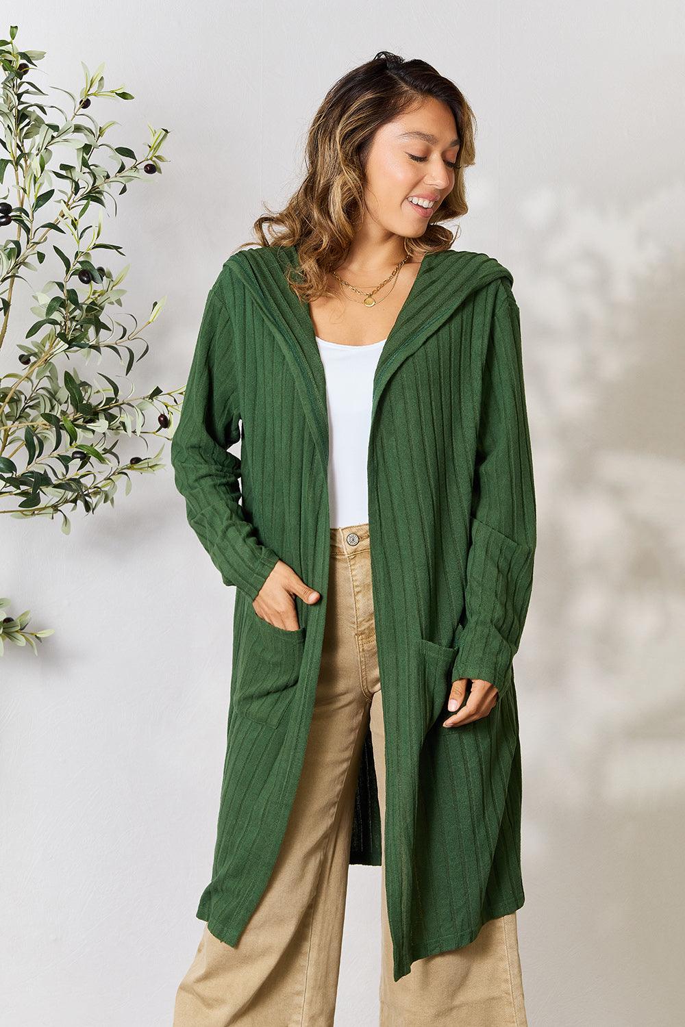 Basic Bae Full Size Hooded Sweater Cardigan Dark Green