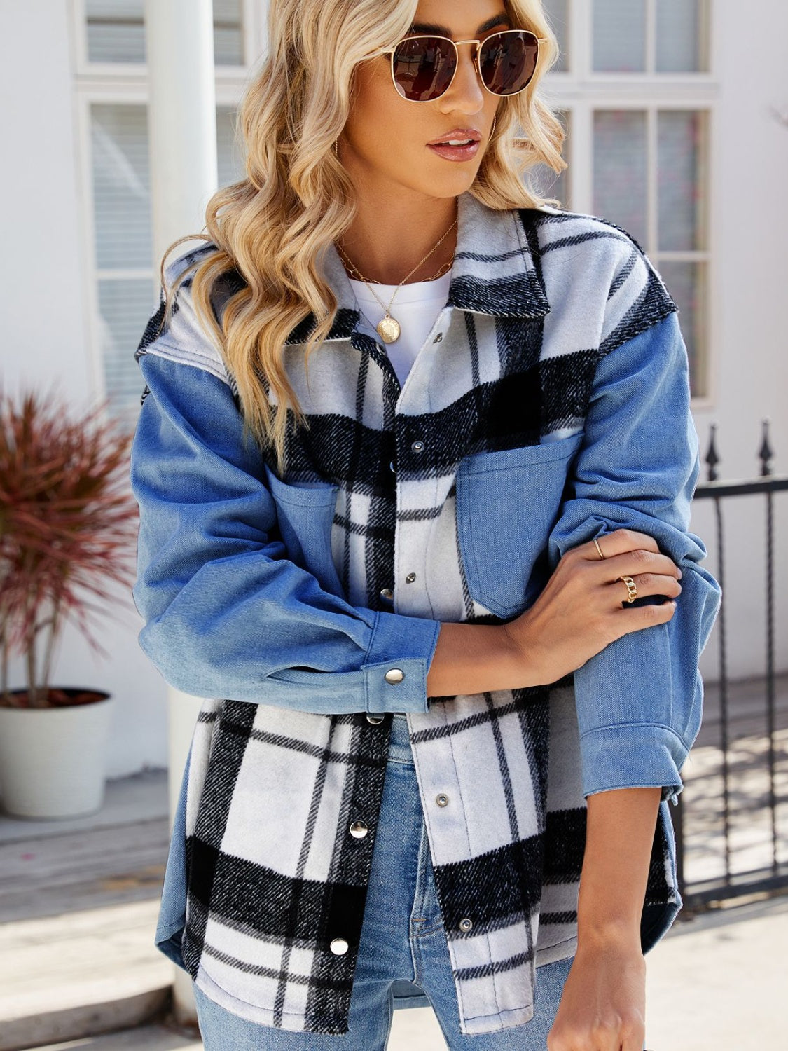 Pocketed Plaid Snap Down Denim Jacket Dusty Blue