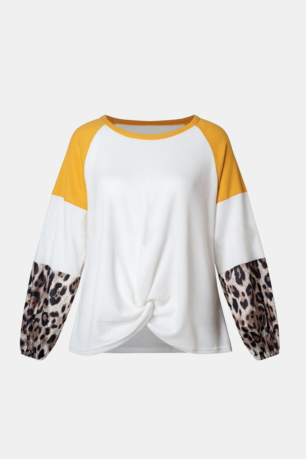 Twisted Color Block Round Neck Long Sleeve T-Shirt Mustard