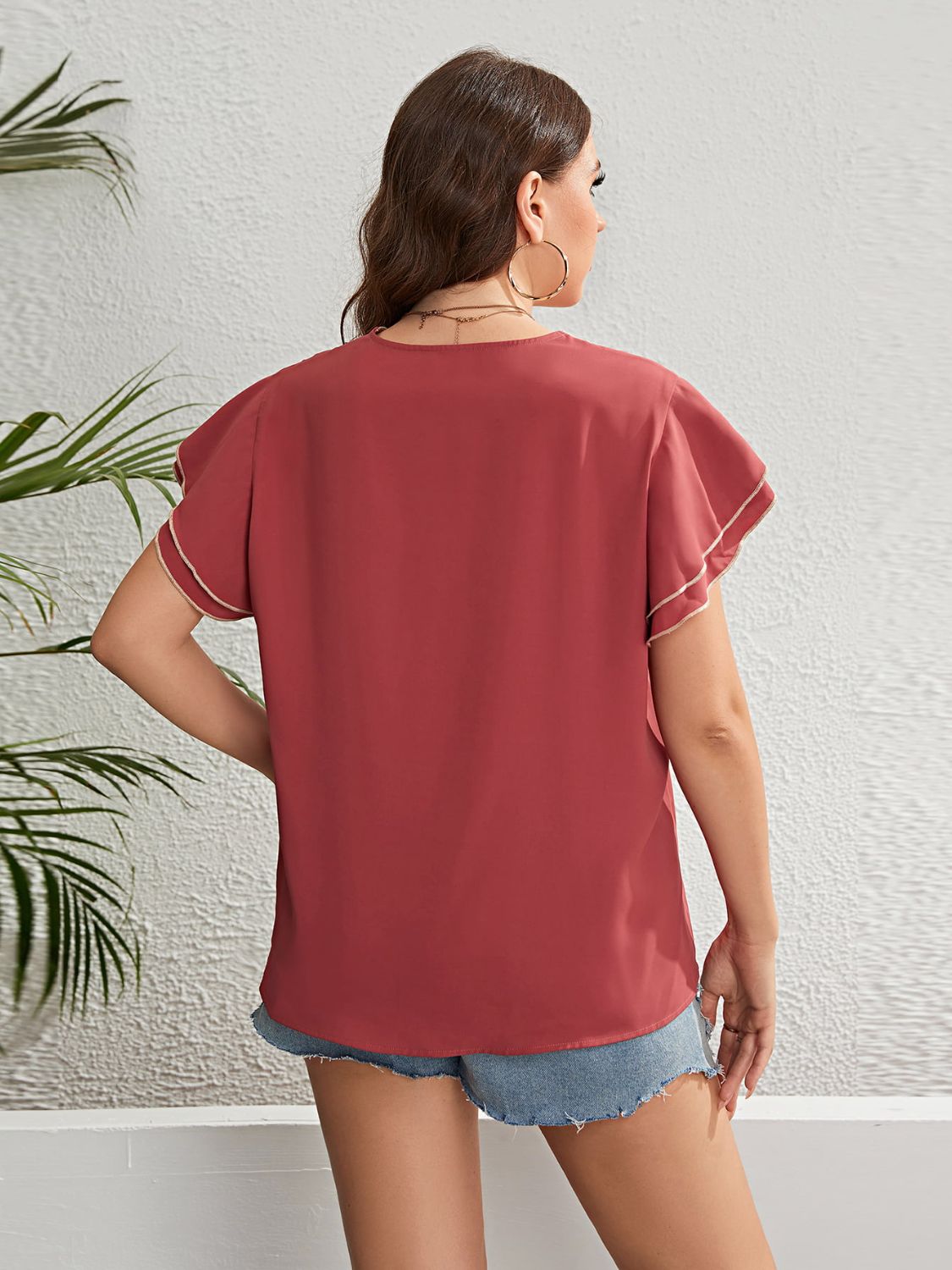 Honey Plus Size Contrast V-Neck Layered Flutter Sleeve Blouse Burnt Coral