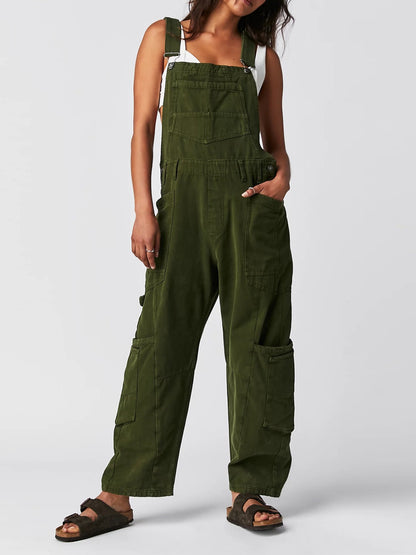 Pocketed Wide Strap Denim Overalls Army Green