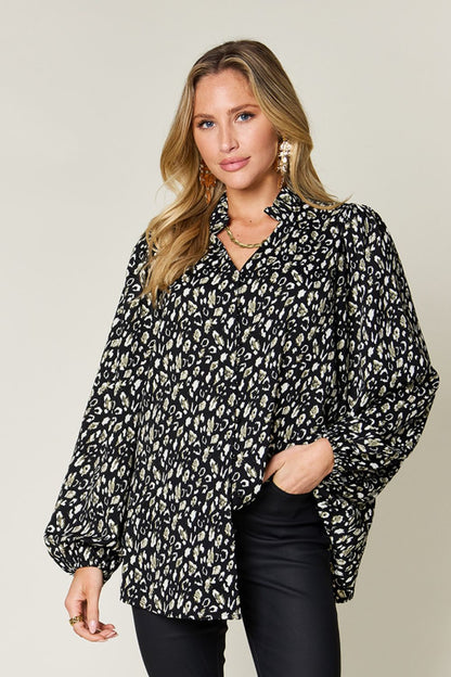 Double Take Full Size Leopard Long Sleeve Blouse Black