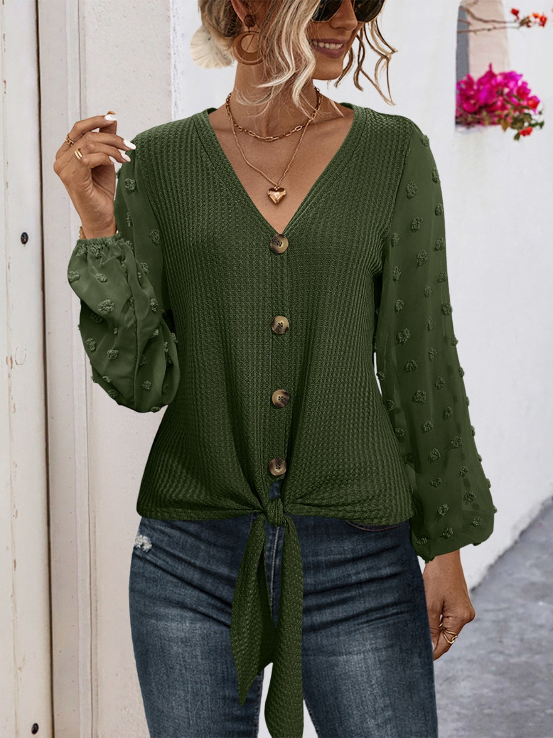 Tied Swiss Dot V-Neck Long Sleeve Blouse Army Green