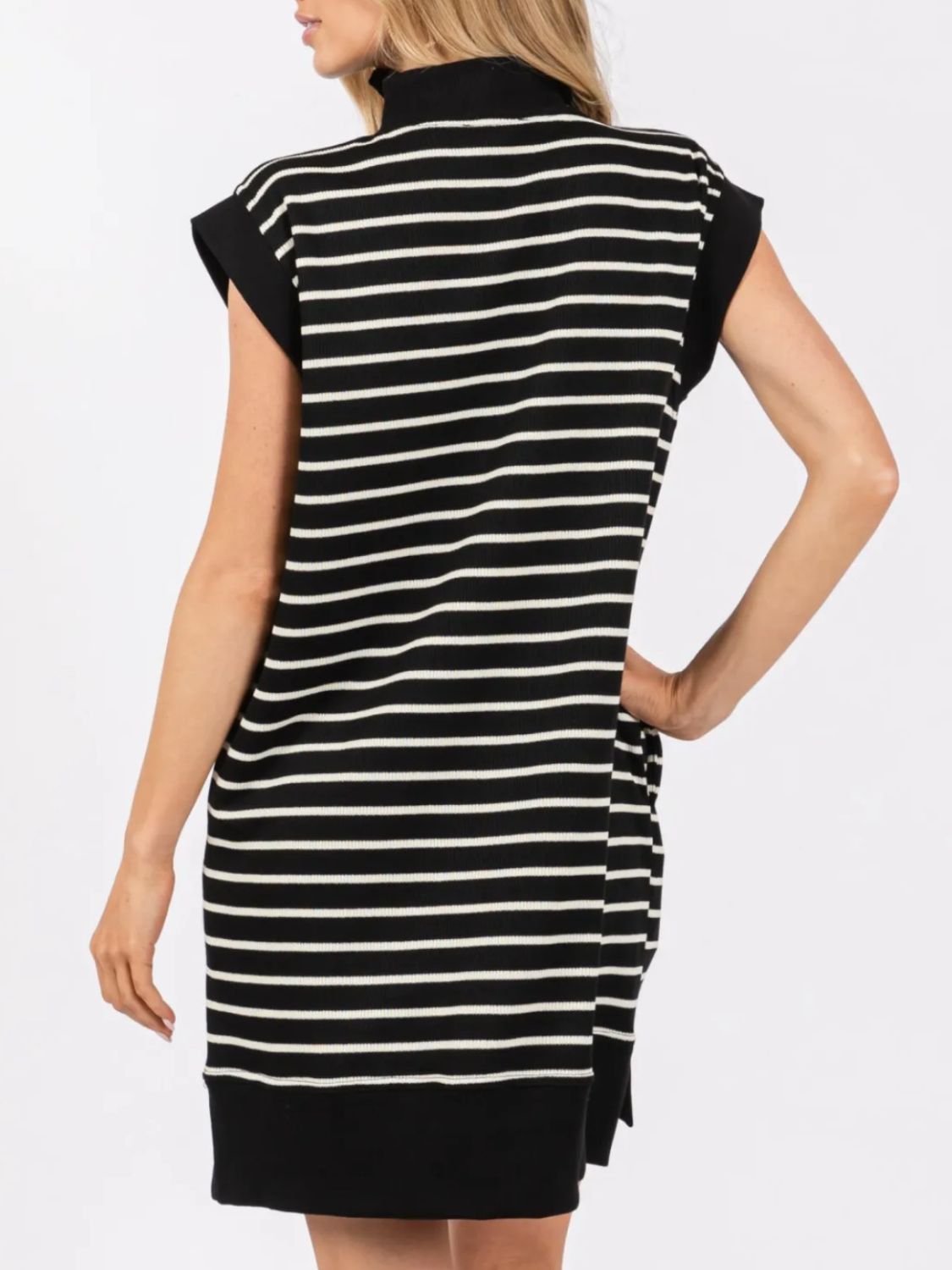 Full Size Pocketed Striped Quarter Zip Cap Sleeve Dress Black