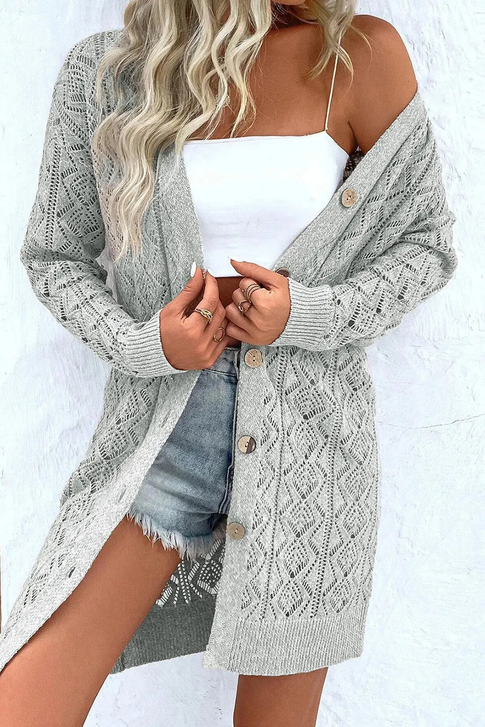 Openwork Button Down Long Sleeve Cardigan Gray