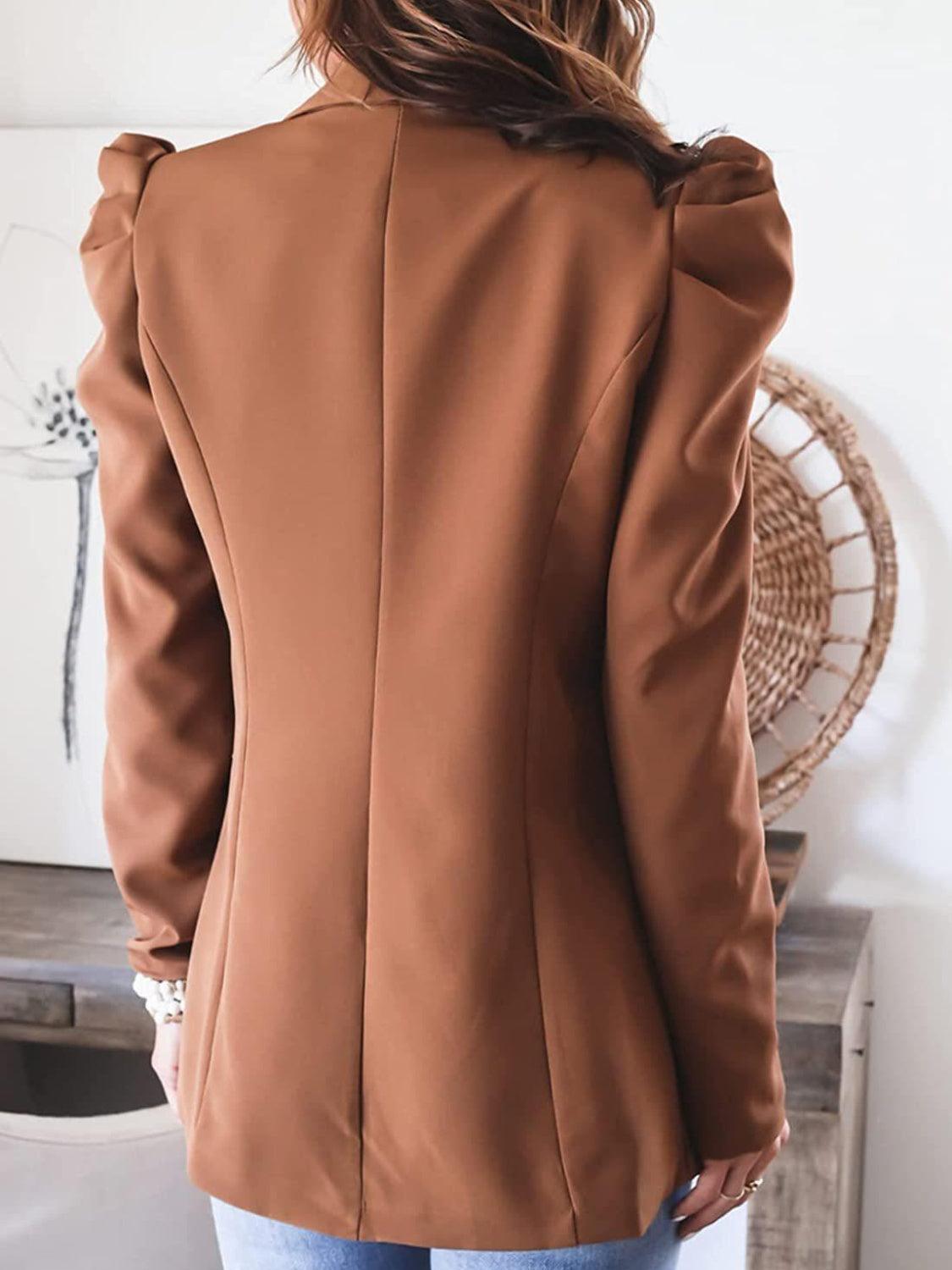 Collared Neck Puff Sleeve Blazer Brown