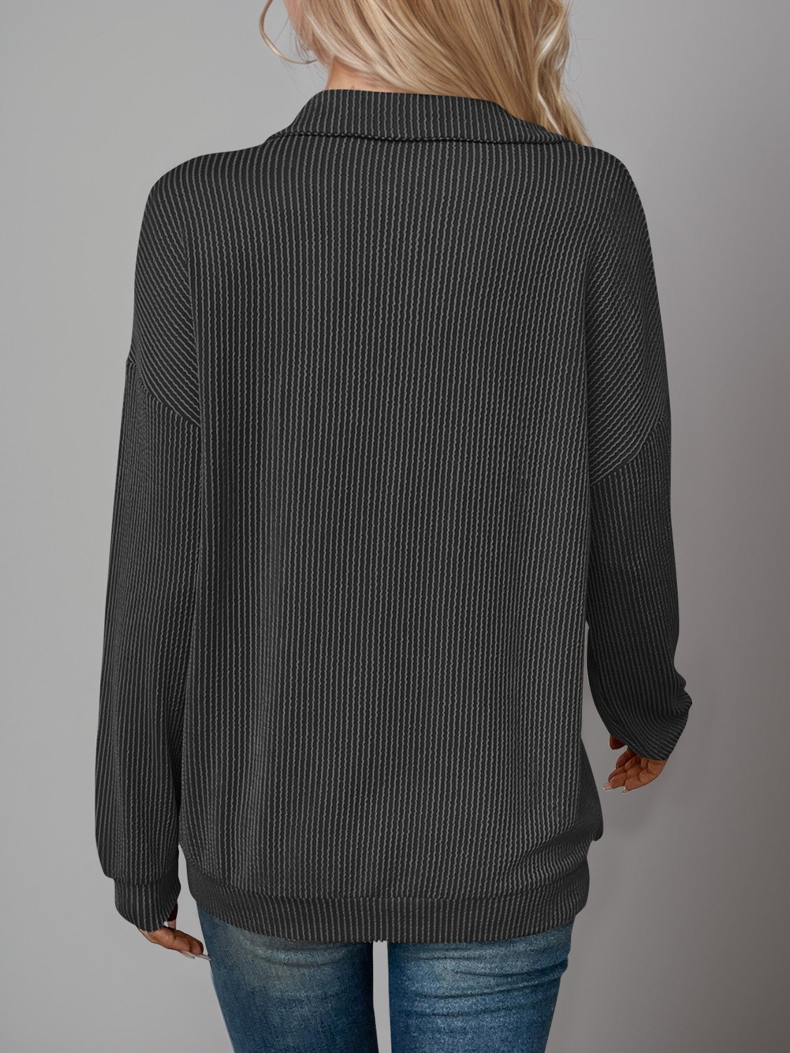 Double Take Striped Half Zip Long Sleeve T-Shirt Dark Gray