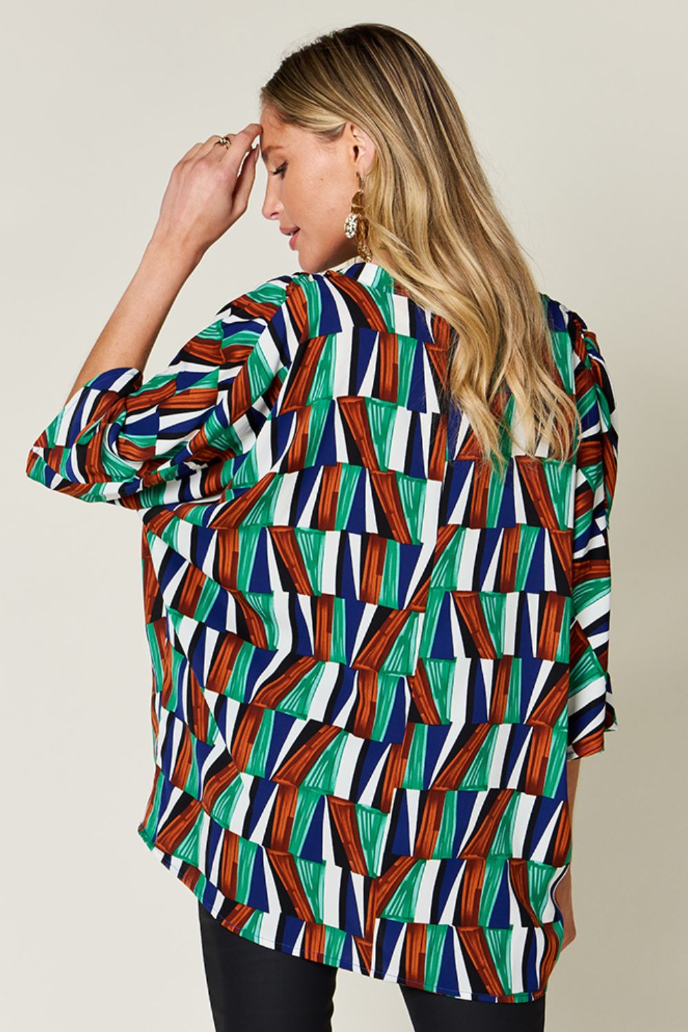 Double Take Full Size Geometric Notched Dolman Sleeve Top Turquoise