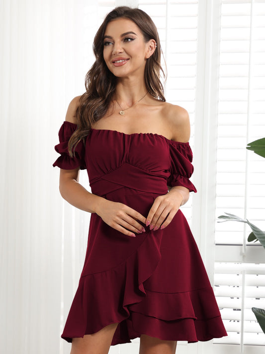 Tied Ruffled Short Sleeve Mini Dress Burgundy