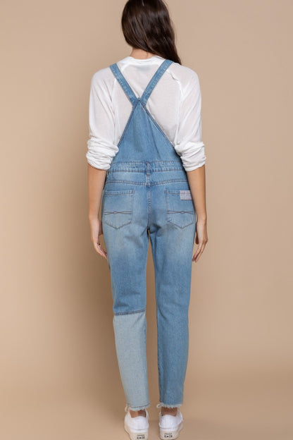 POL Front Chest Zipper Slim Leg Denim Overalls Denim