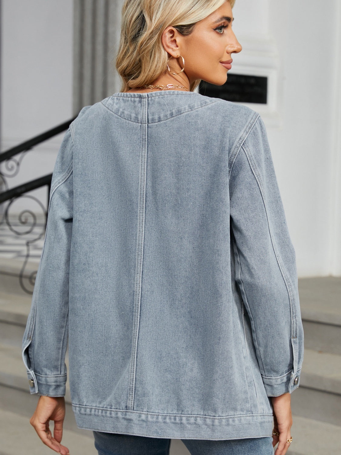 Pocketed V-Neck Button Up Denim Jacket Light Blue