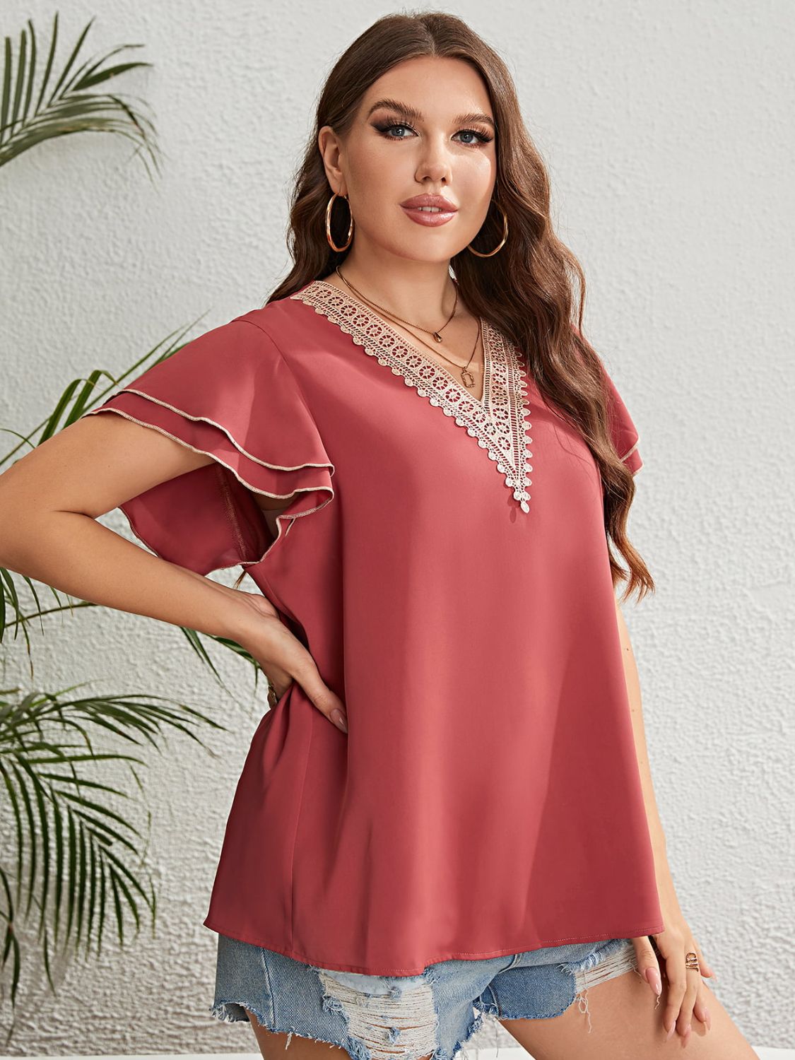 Honey Plus Size Contrast V-Neck Layered Flutter Sleeve Blouse Burnt Coral