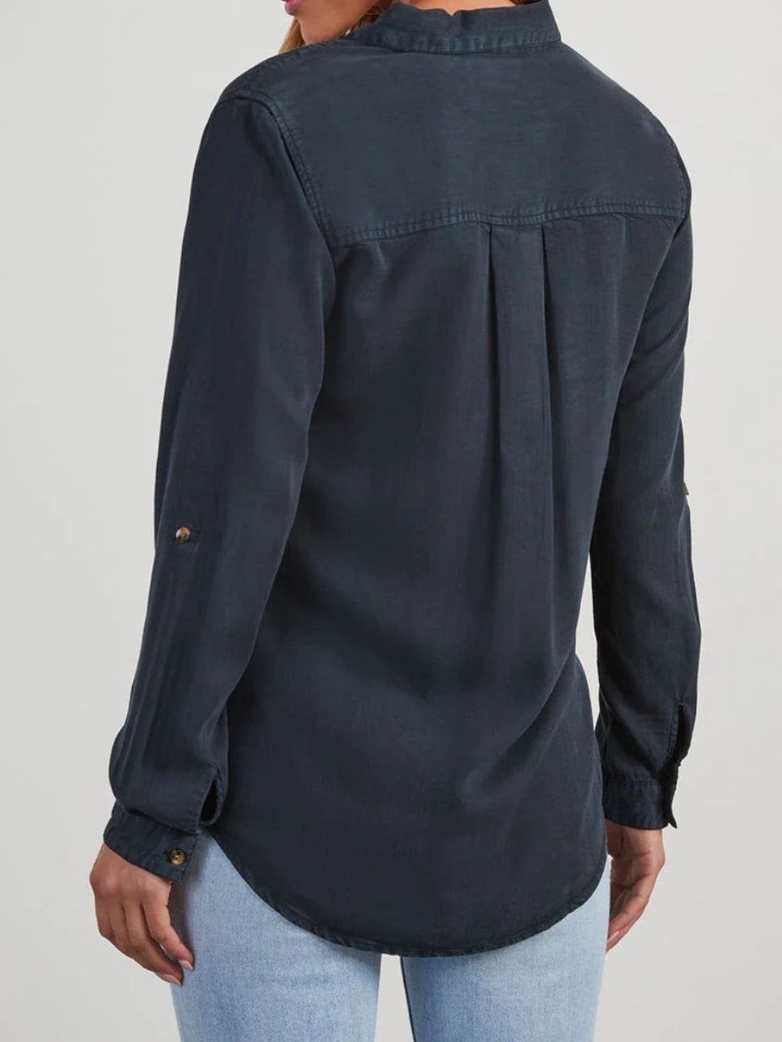 Collared Neck Roll-Tab Sleeve Denim Top Navy