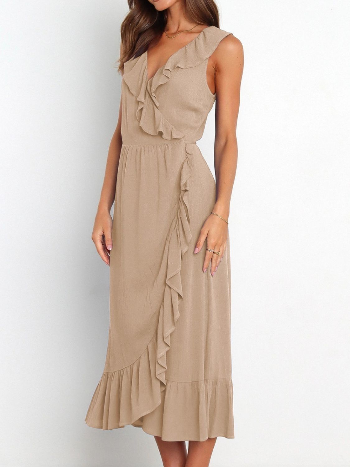 Ruffled Surplice Sleeveless Midi Dress Khaki