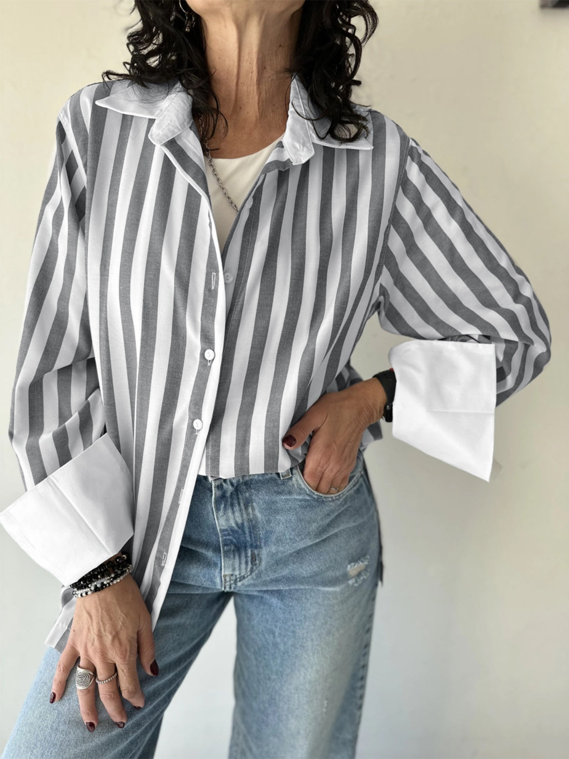 Striped Collared Neck Long Sleeve Shirt Stripe