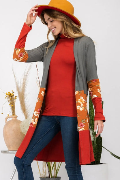 Celeste Full Size Floral Color Block Open Front Cardigan Olive Rust