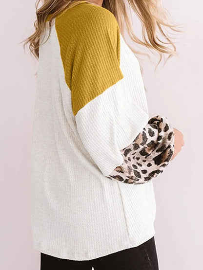 Twisted Color Block Round Neck Long Sleeve T-Shirt Mustard