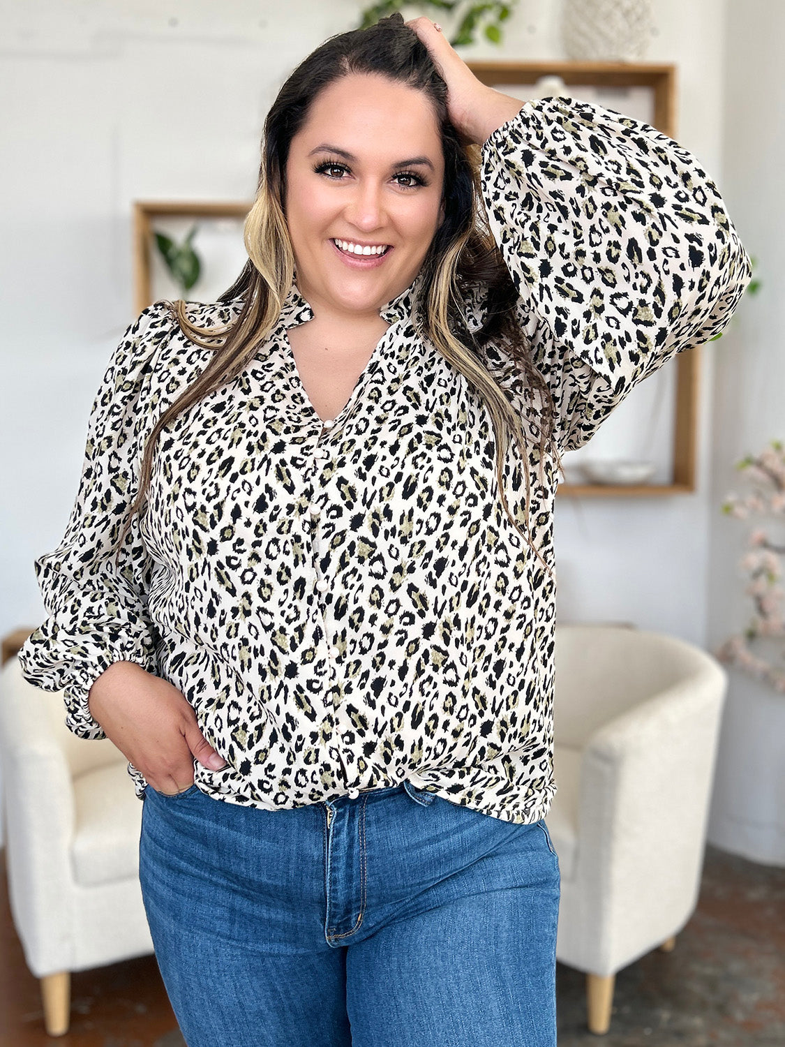 Double Take Full Size Leopard Long Sleeve Blouse White